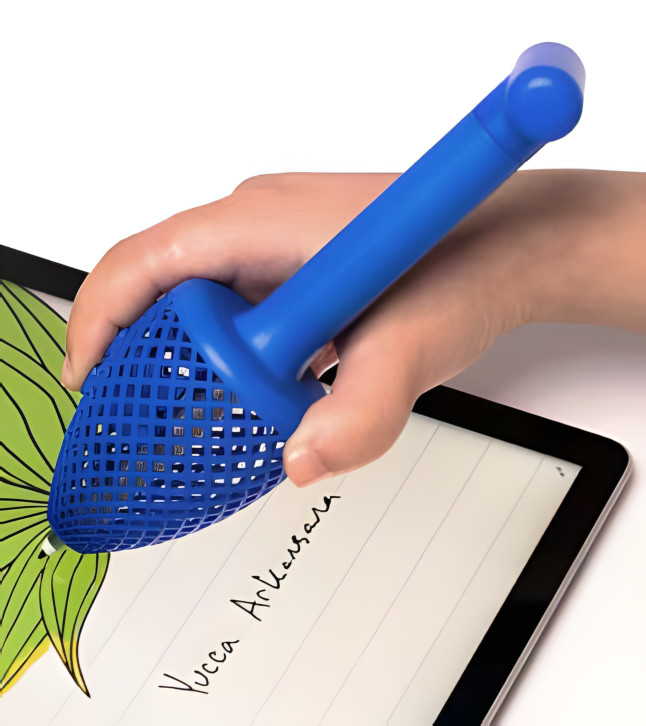 A user sketches on a Surface Go while holding a large Textured Conical Pen Grip with buttons, paired with a T-shaped tail cap.