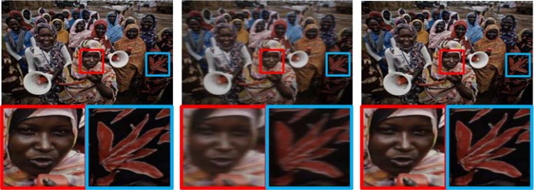 Original image of a group of people; same image captured through T‑OLED is blurry; recovered image closely resembles original.