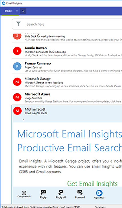 Screenshot with text: Microsoft Email Insights. Productive Email Searches