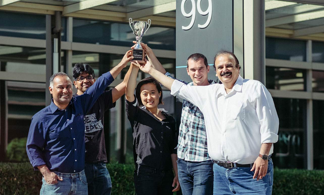 2017 Hackathon winning team: Hackathon 2017 winning team: Matthai Philipose, Lenin Sivalingam, Yifan Wu, Peter Bodik and Victor Bahl. (Photo by Elizabeth Ong)