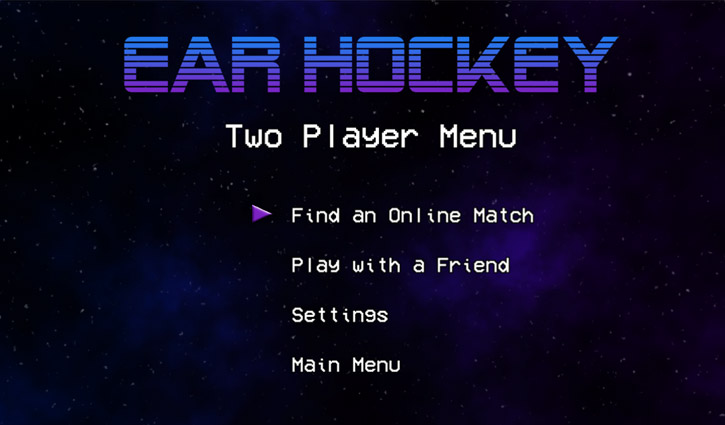 Two player menu, including Find an online match, play with a friend, settings, and main menu