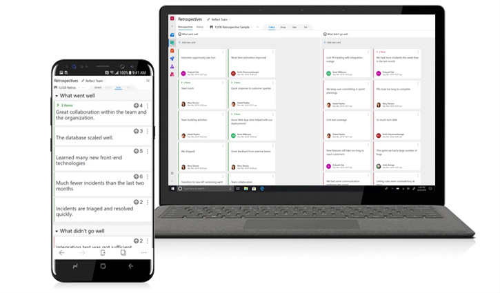 Team Retrospectives running on a mobile phone and Surface device