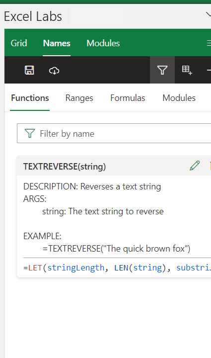 Screenshot of Excel Labs navigation