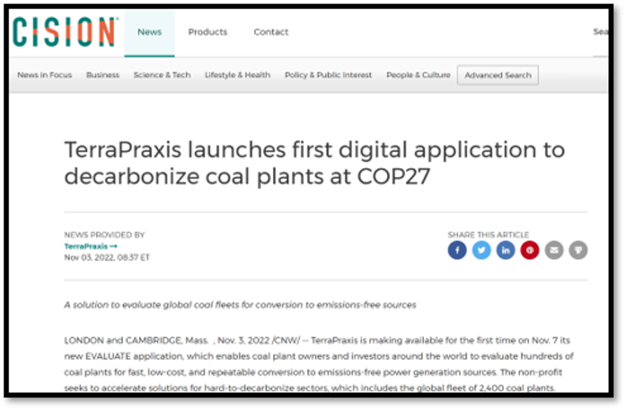 Screenshot of TerraPraxis announcement