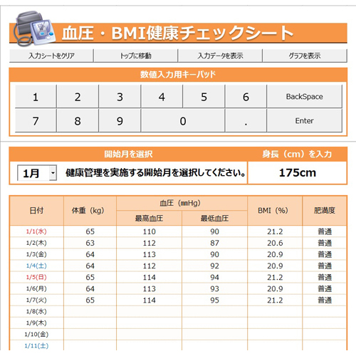 血圧・BMI 管理表 (タッチ対応) 画像スライド-1